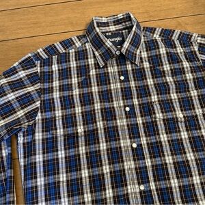 Wrangler Mens Shirt Size Medium Blue Plaid Pearl Snap Button Up Relaxed Western